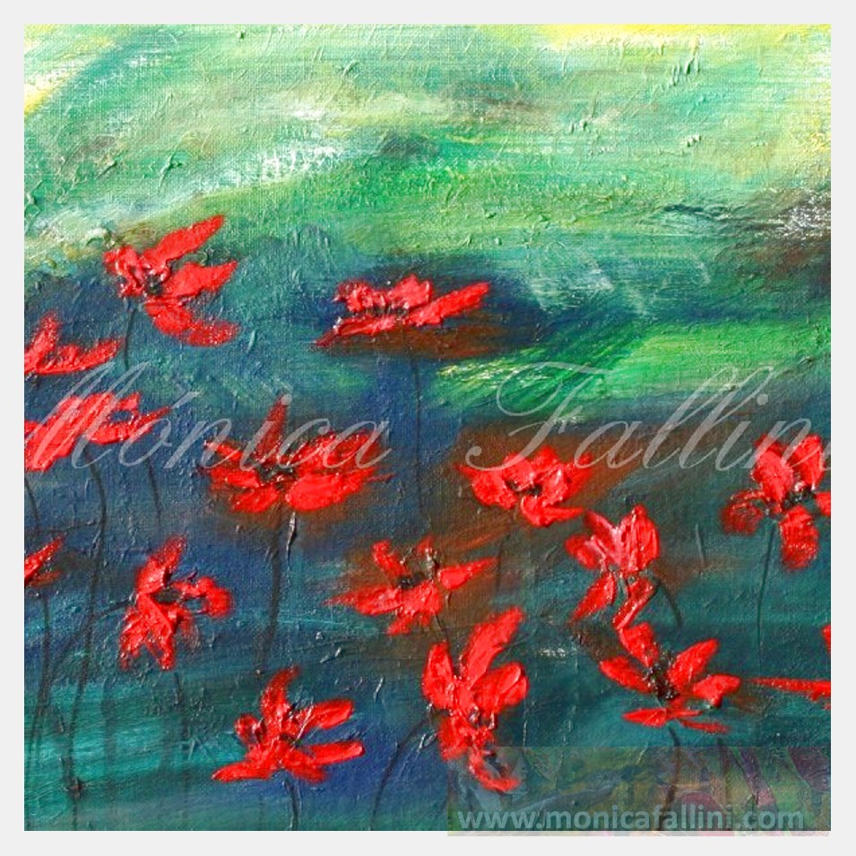 Painting titled 'Fire red poppies, stormy nights' by Monica Fallini