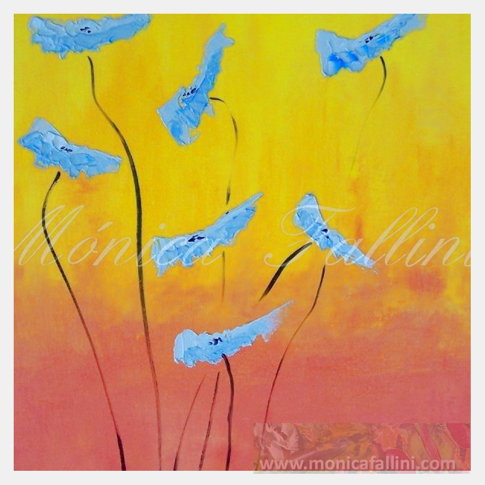Painting titled 'Dancing sky-blue Poppies' by Monica Fallini