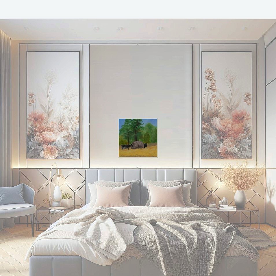 Painting titled 'Cows and hay on a rainy day' by Monica Fallini