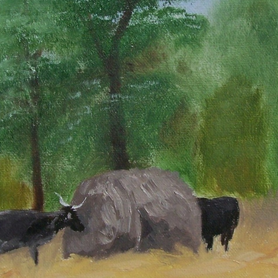 Painting titled 'Cows and hay on a rainy day' by Monica Fallini