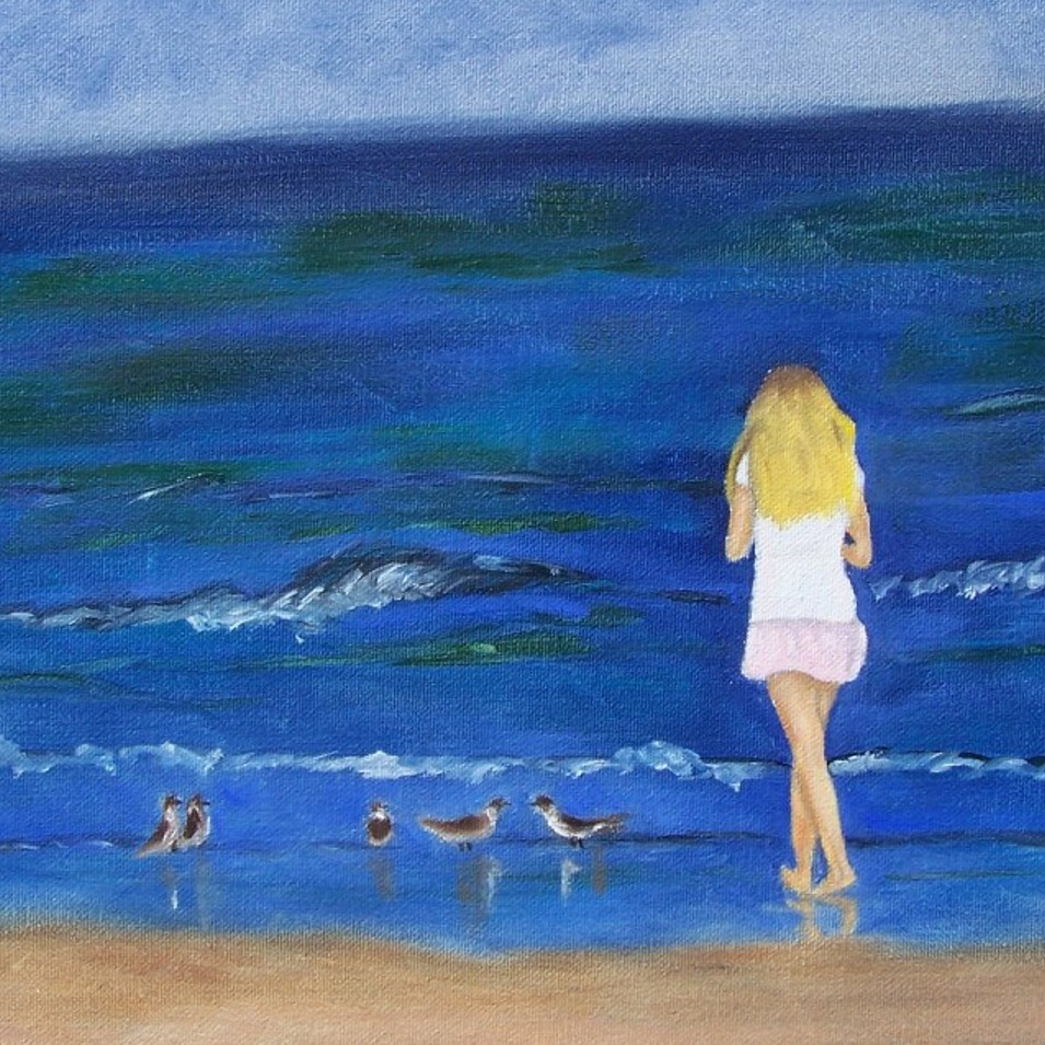 Painting titled 'Girl by the sea' by Monica Fallini