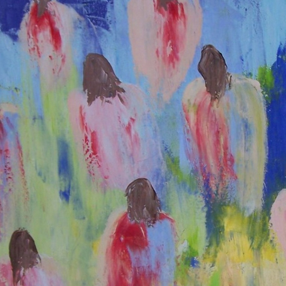 Painting titled 'Dressed all the same walking towards the light 2' by Monica Fallini