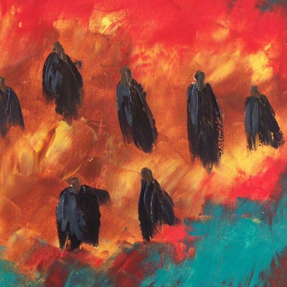 Painting titled 'Dressed all the same walking towards the light 3' by Monica Fallini