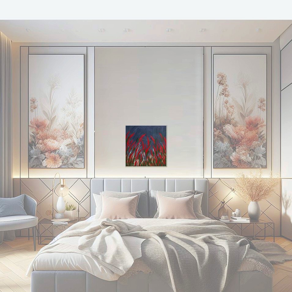 Painting titled 'Red flowers at night' by Monica Fallini
