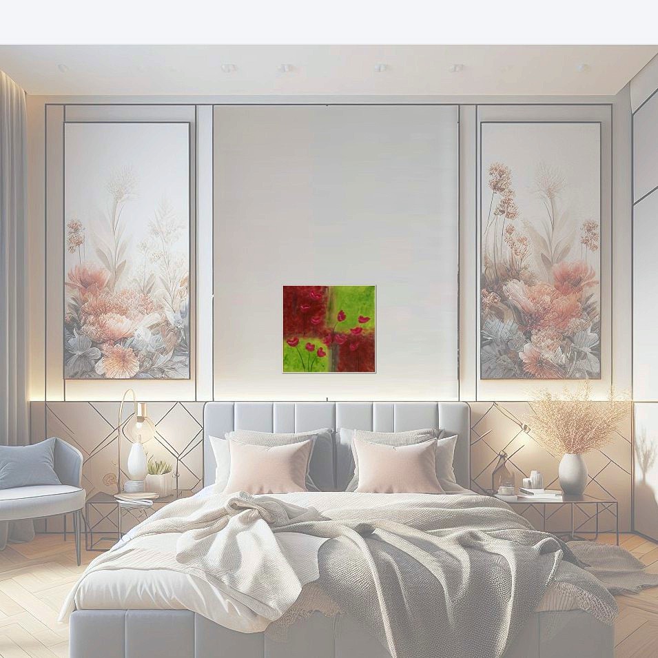 Painting titled 'Red poppies among the squares' by Monica Fallini