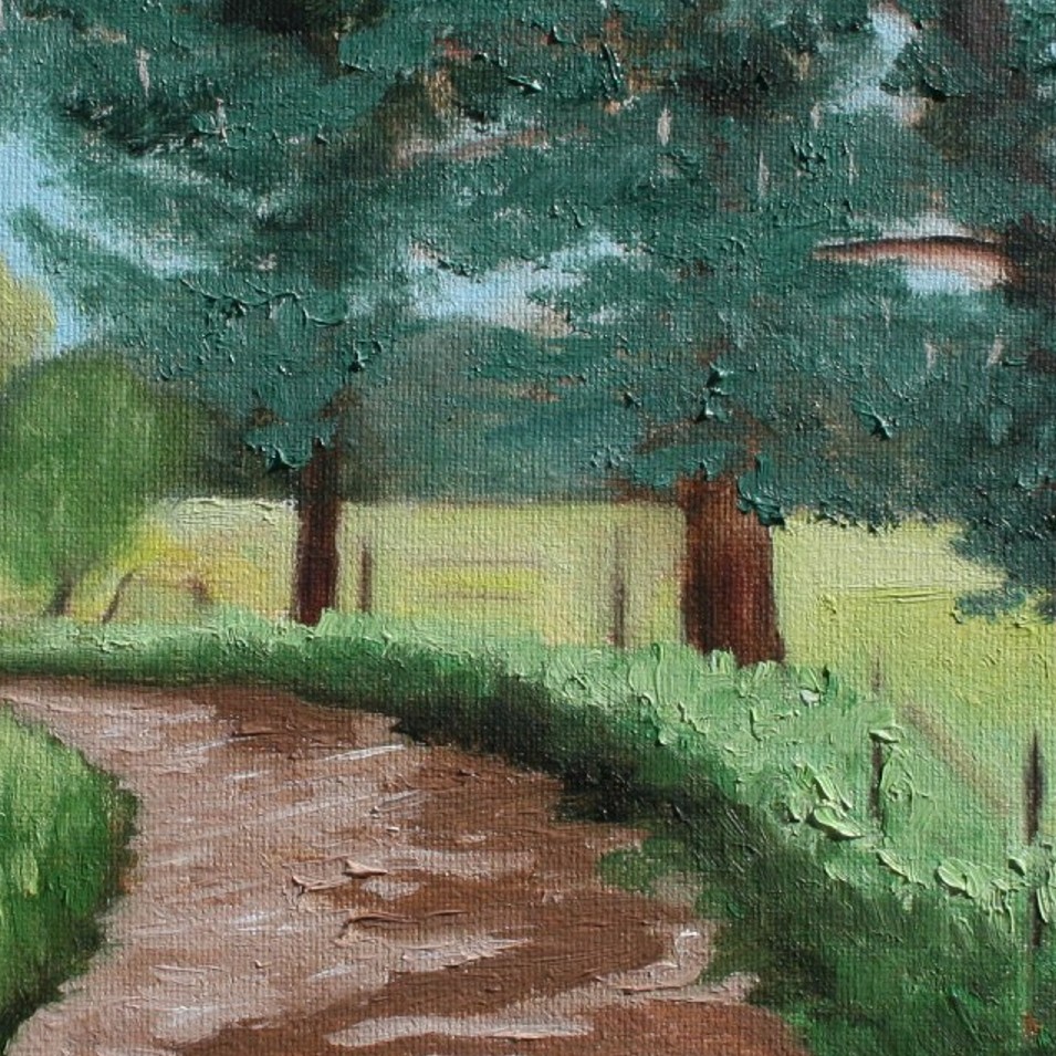 Painting titled 'Walking home by the pine trees' by Monica Fallini