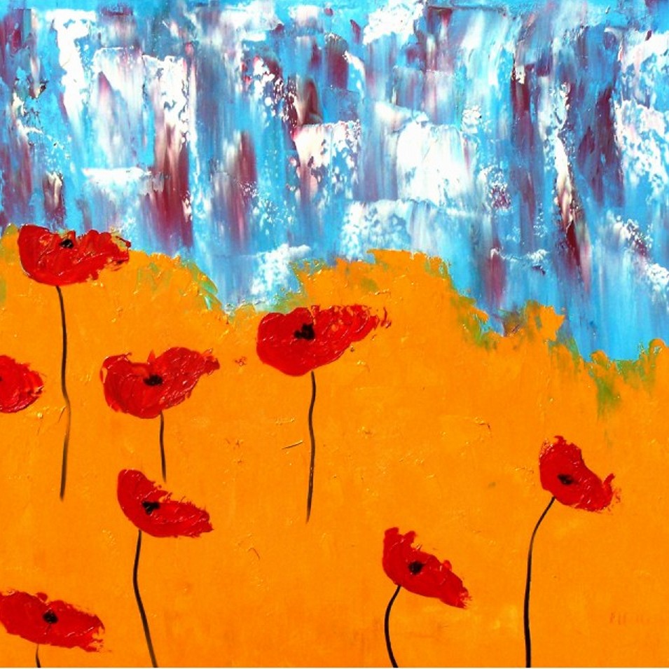 Painting titled 'Red Poppies on ice' by Monica Fallini