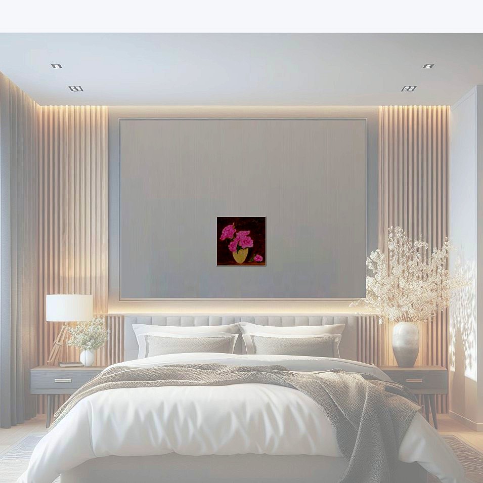 Painting titled 'Pink roses in a vase' by Monica Fallini