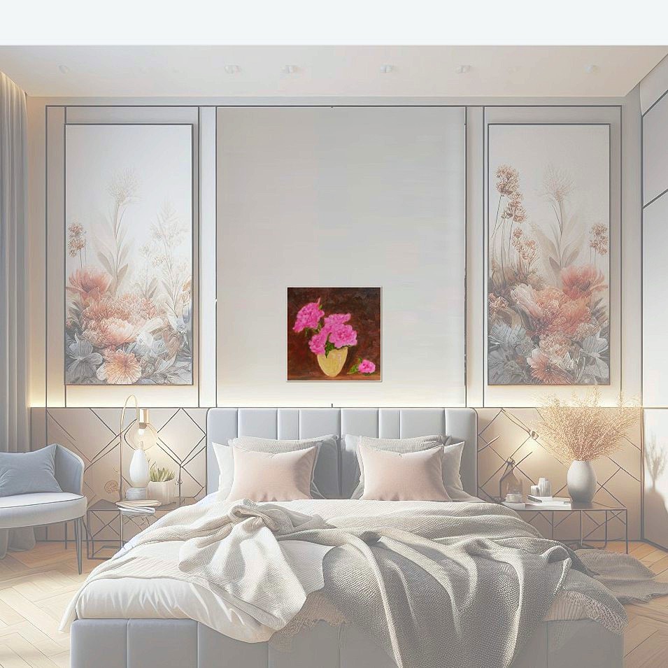 Painting titled 'Pink roses in a vase' by Monica Fallini