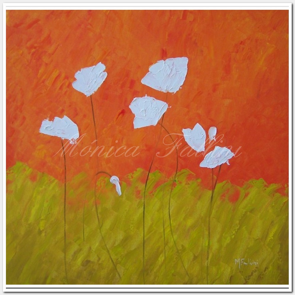 Painting titled 'White Poppies and orange sky' by Monica Fallini