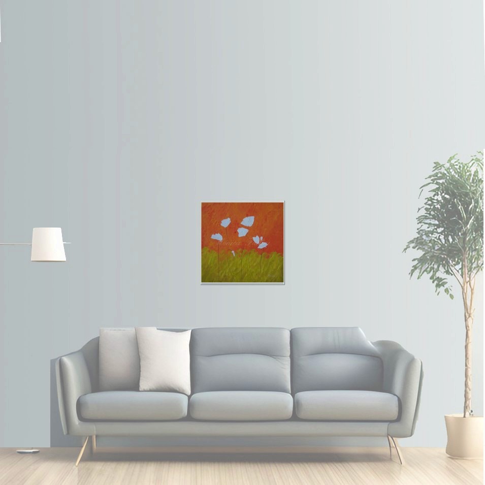 Painting titled 'White Poppies and orange sky' by Monica Fallini