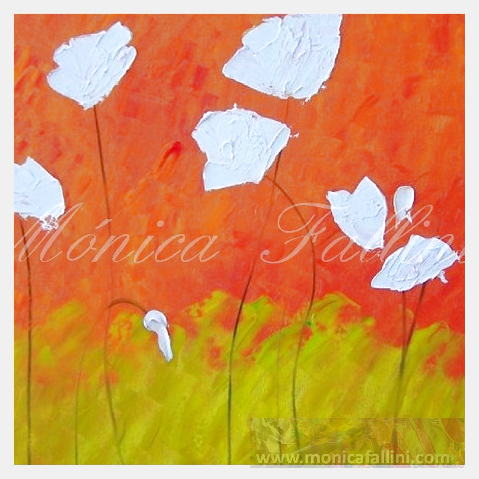 Painting titled 'White Poppies and orange sky' by Monica Fallini