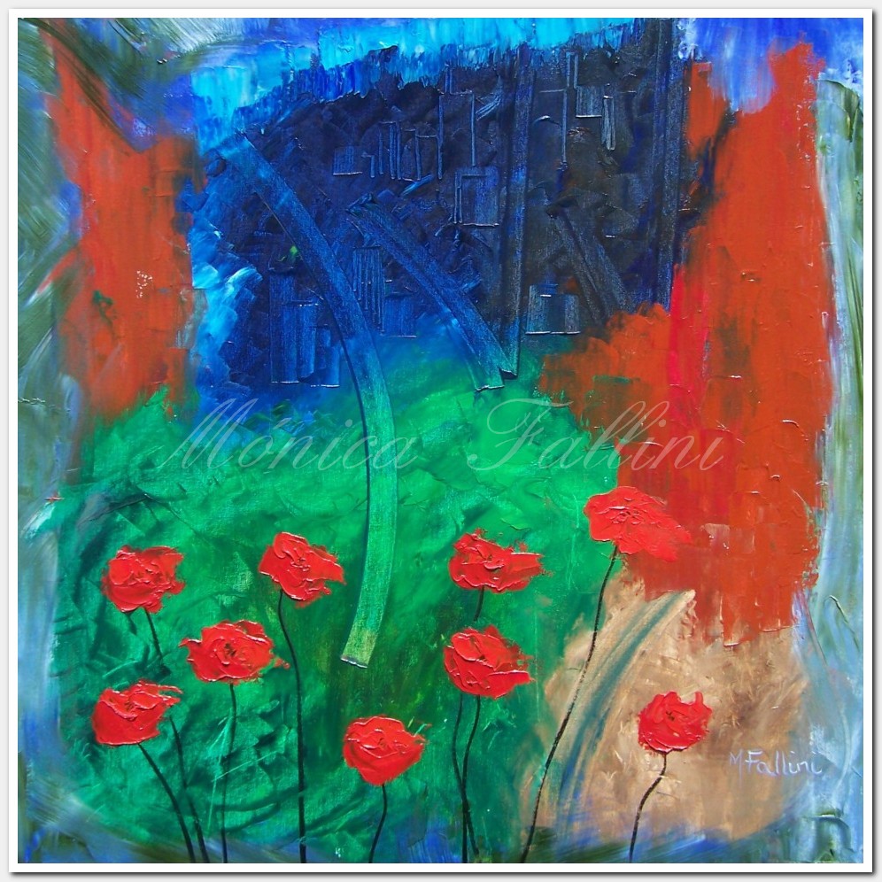 Painting titled 'Hidden city beyond the red Poppies' by Monica Fallini