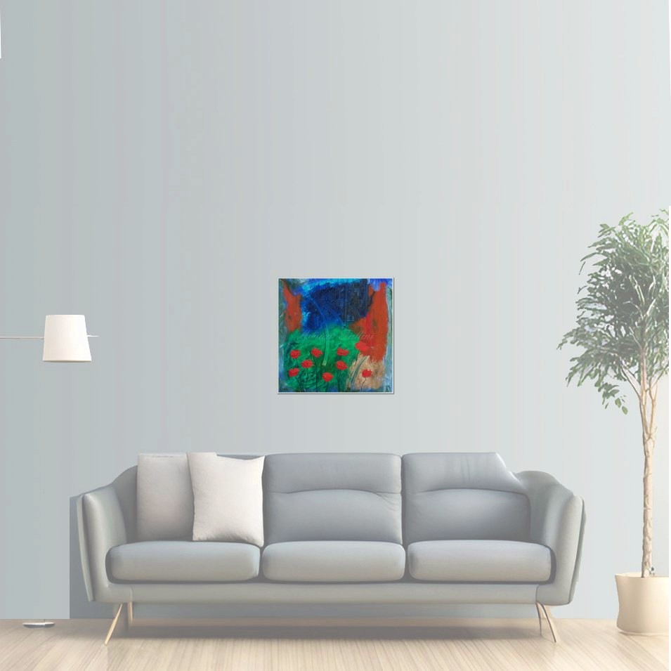 Painting titled 'Hidden city beyond the red Poppies' by Monica Fallini