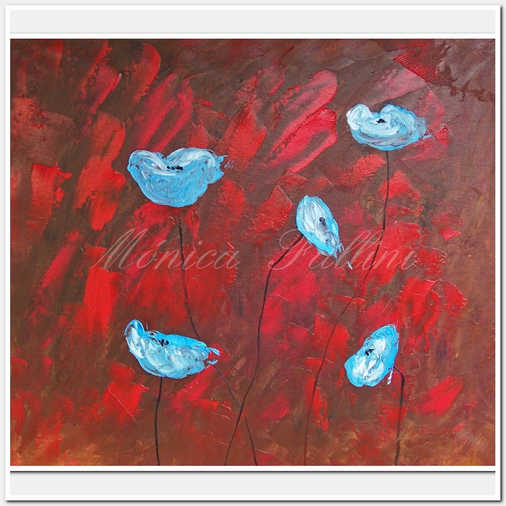 Painting titled 'Sky-blue Poppies on red' by Monica Fallini