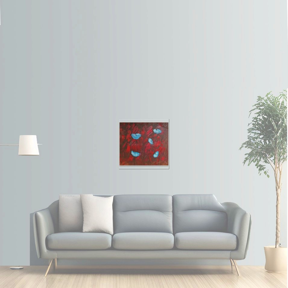 Painting titled 'Sky-blue Poppies on red' by Monica Fallini