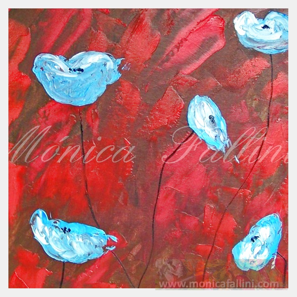 Painting titled 'Sky-blue Poppies on red' by Monica Fallini