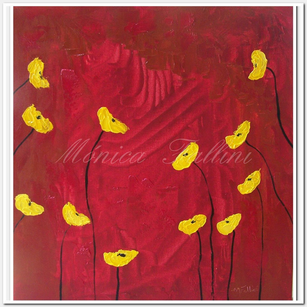 Painting titled 'Yellow Poppies on red' by Monica Fallini