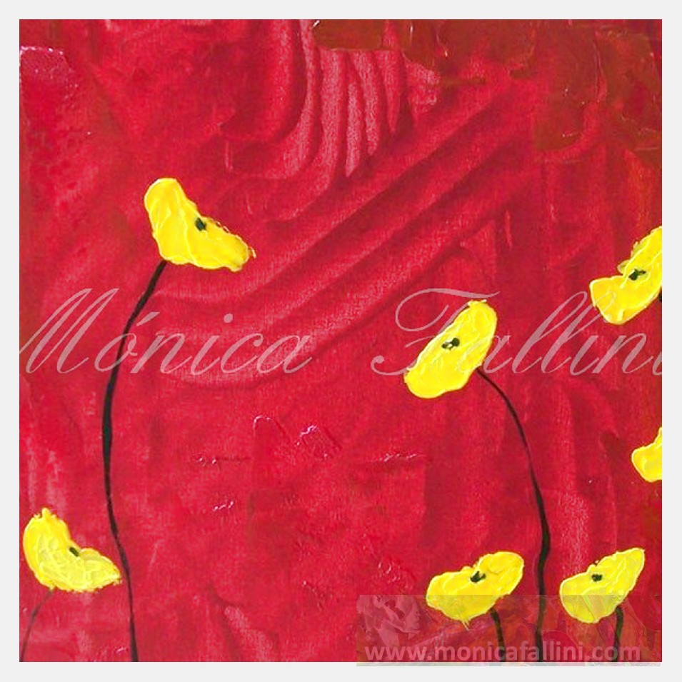 Painting titled 'Yellow Poppies on red' by Monica Fallini