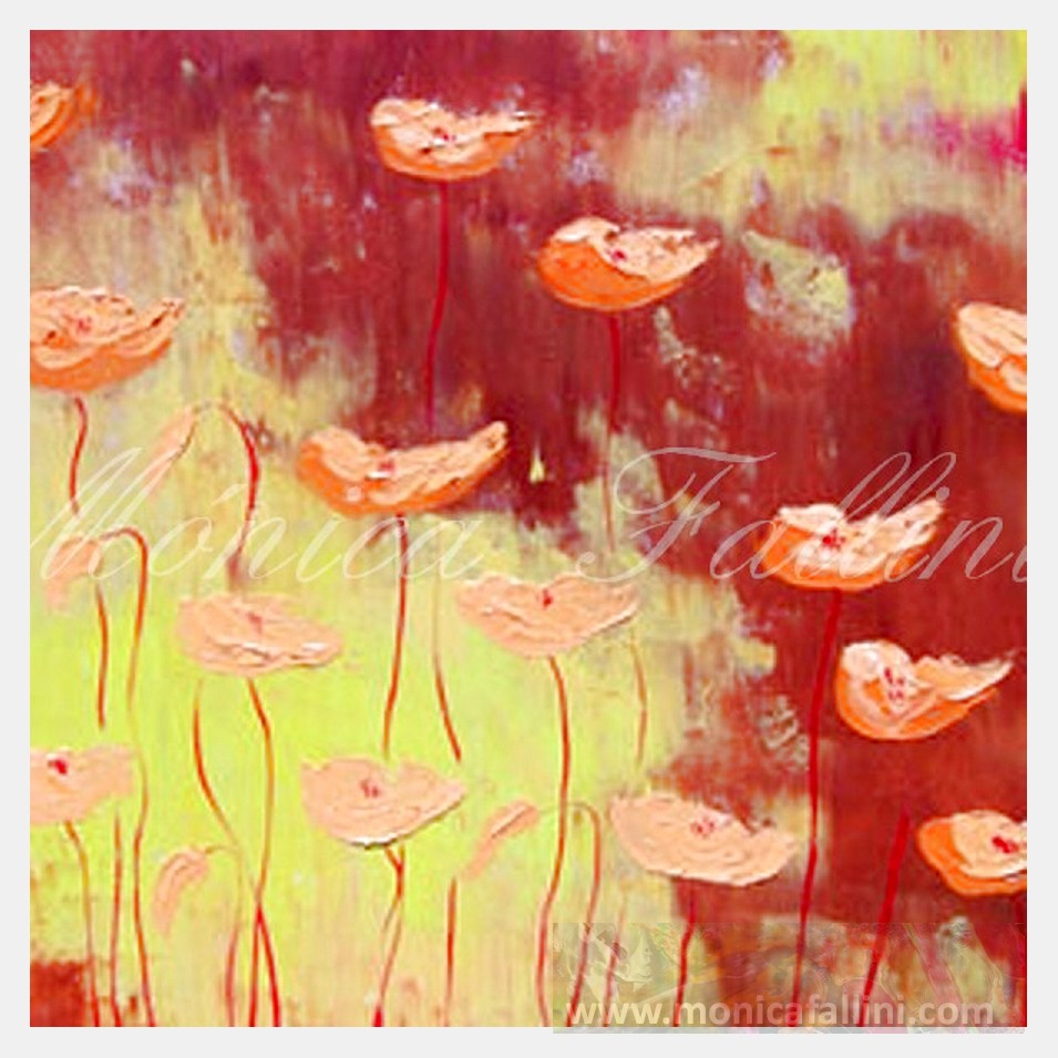 Painting titled 'A landscape of orange Poppies' by Monica Fallini