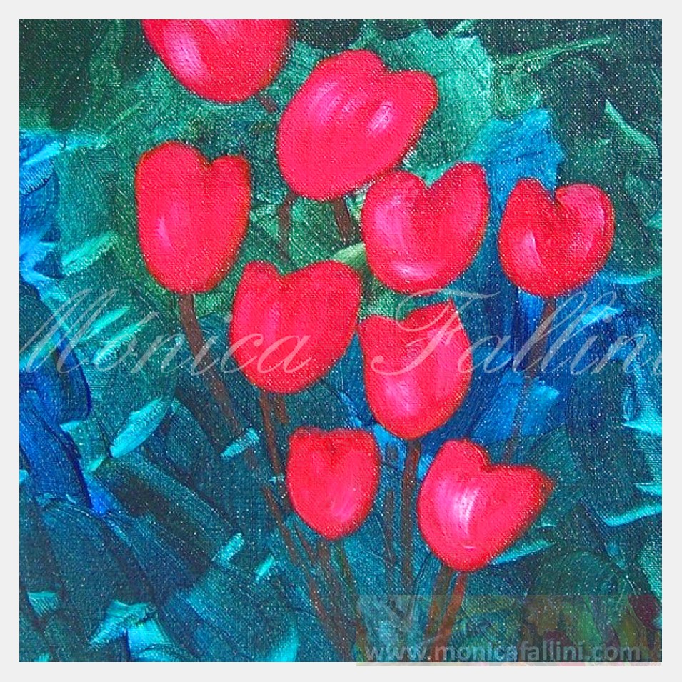 Painting titled 'Red Tulips on blue-green' by Monica Fallini