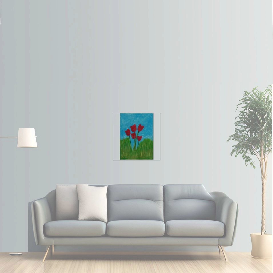 Painting titled 'Red tulips and green pastures' by Monica Fallini
