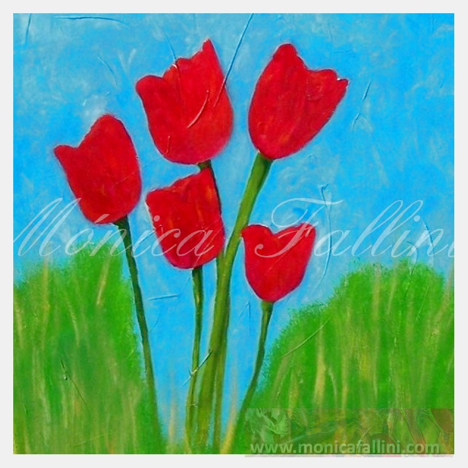 Painting titled 'Red tulips and green pastures' by Monica Fallini
