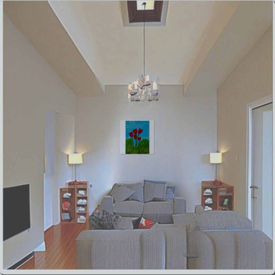 Painting titled 'Red tulips and green pastures' by Monica Fallini