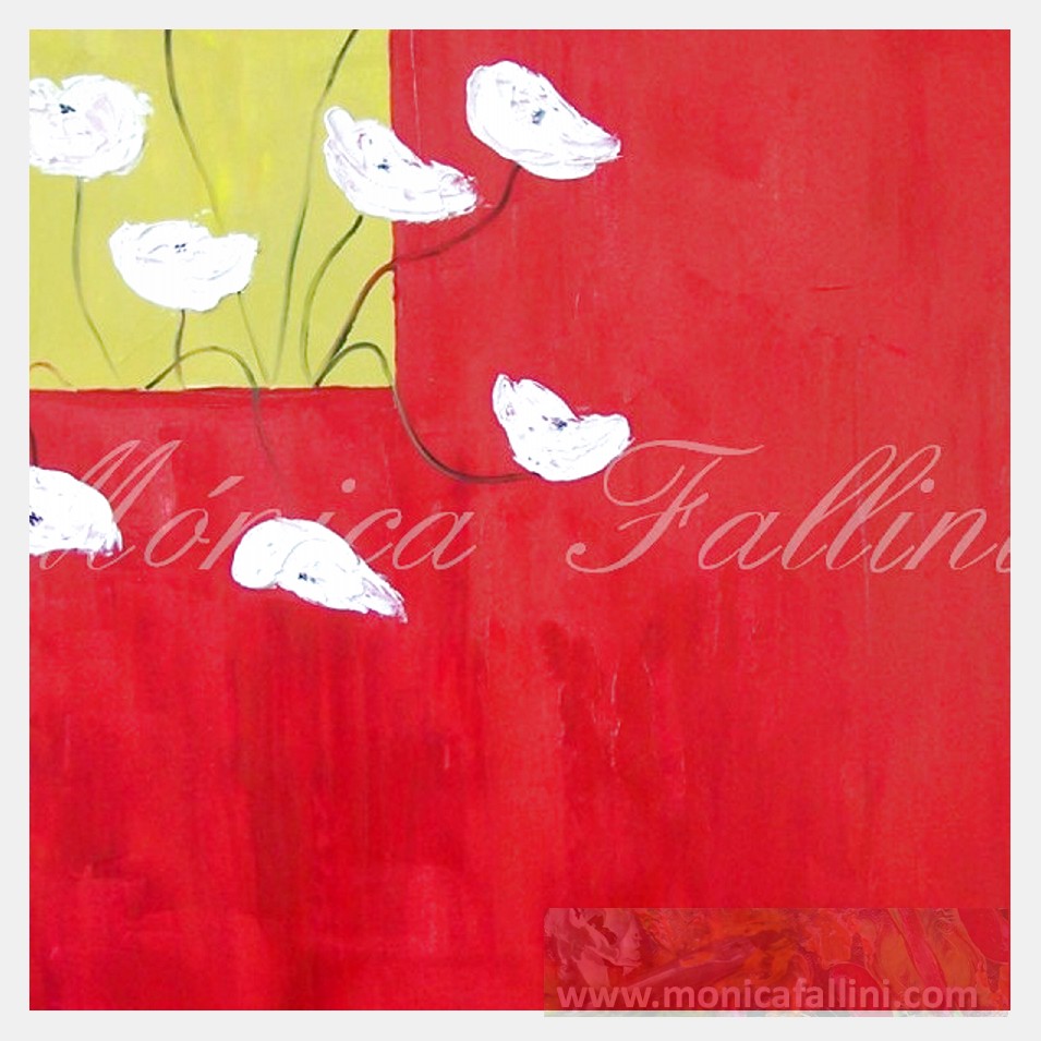 Painting titled 'White Poppies out of the window' by Monica Fallini