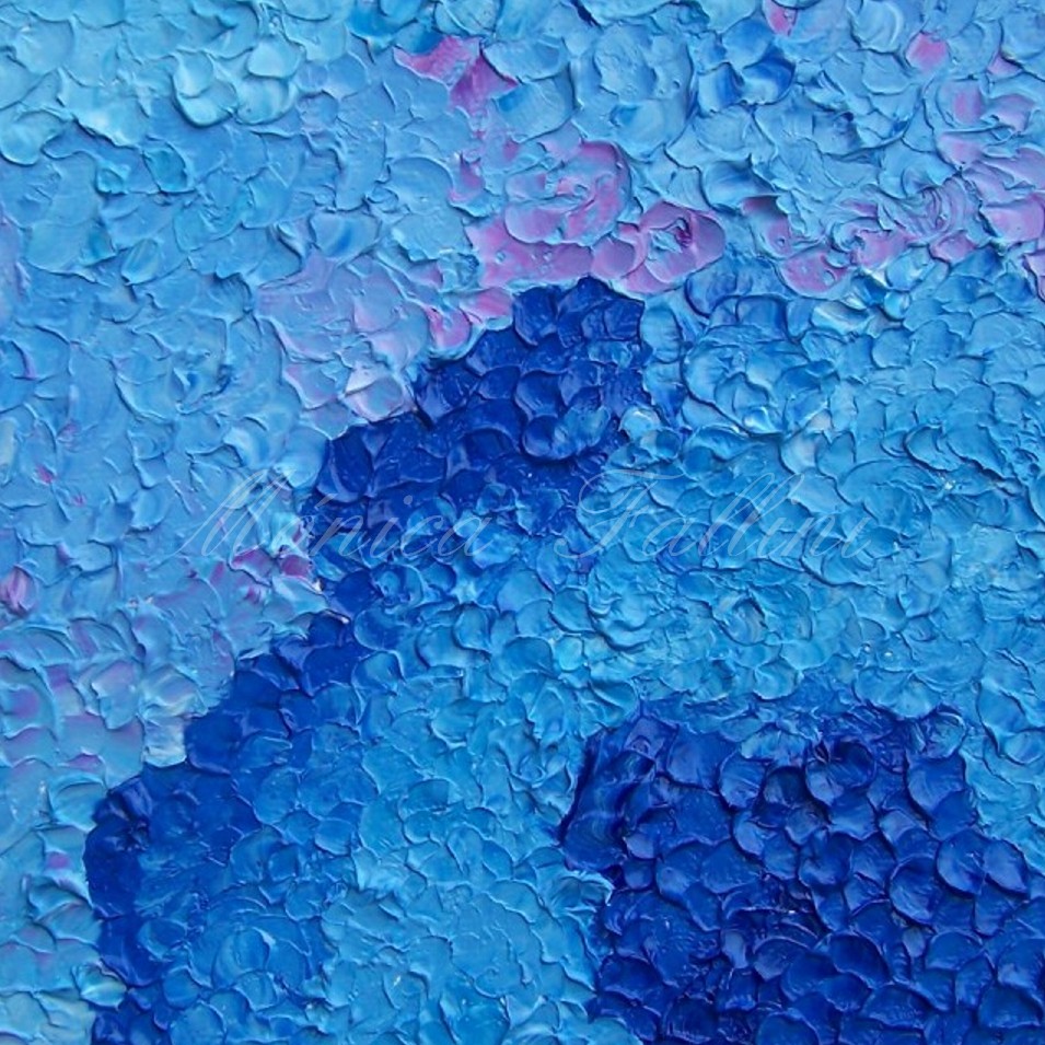 Painting titled 'Blue Hydrangeas' close-up' by Monica Fallini