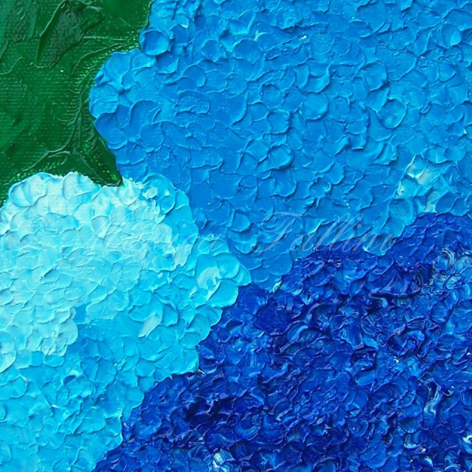 Painting titled 'Blue Hydrangeas' melodies.' by Monica Fallini