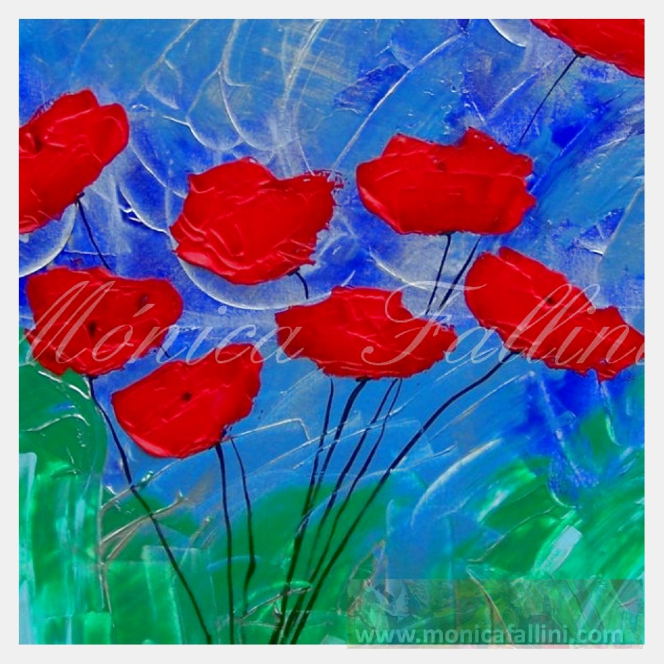 Painting titled '8 Poppies in a silver landscape' by Monica Fallini