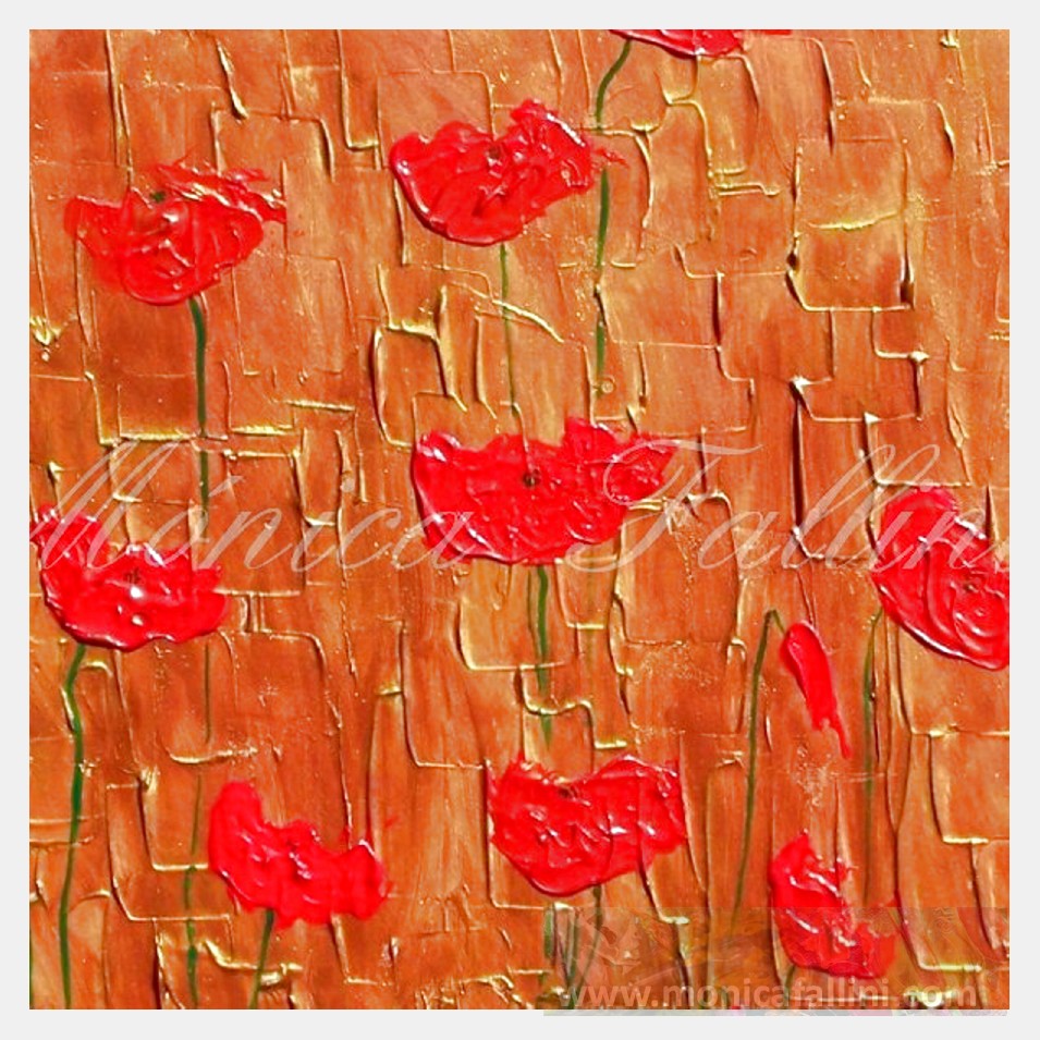 Painting titled 'Red Poppies on bronze and gold landscape' by Monica Fallini