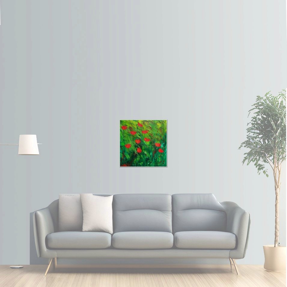 Painting titled 'Red Poppies on green landscape II' by Monica Fallini