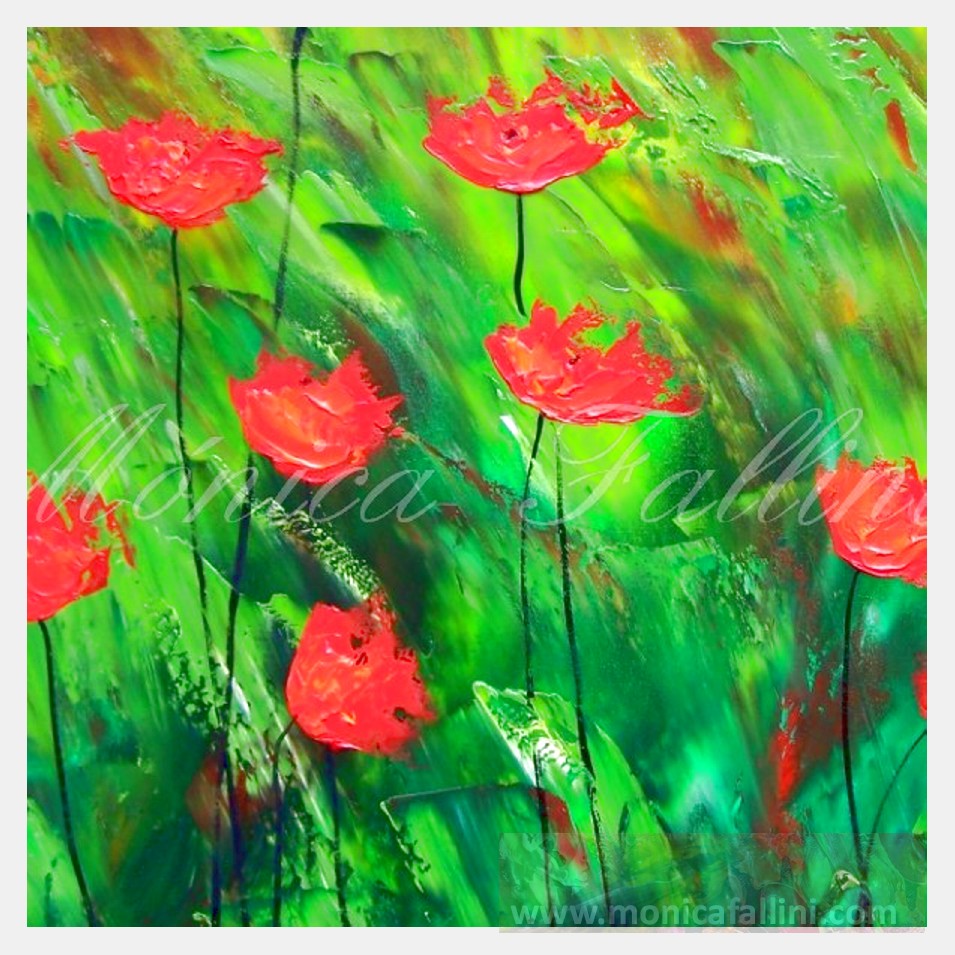 Painting titled 'Red Poppies on green landscape II' by Monica Fallini
