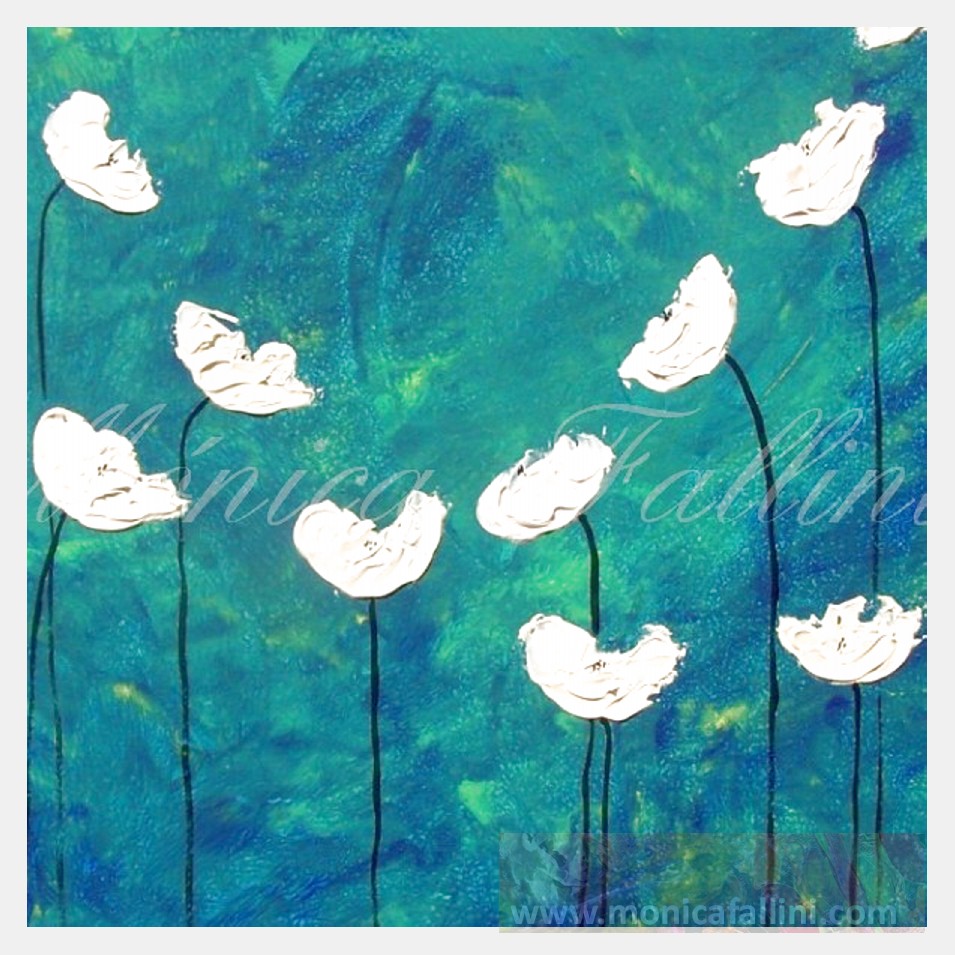 Painting titled 'White Poppies on blue' by Monica Fallini