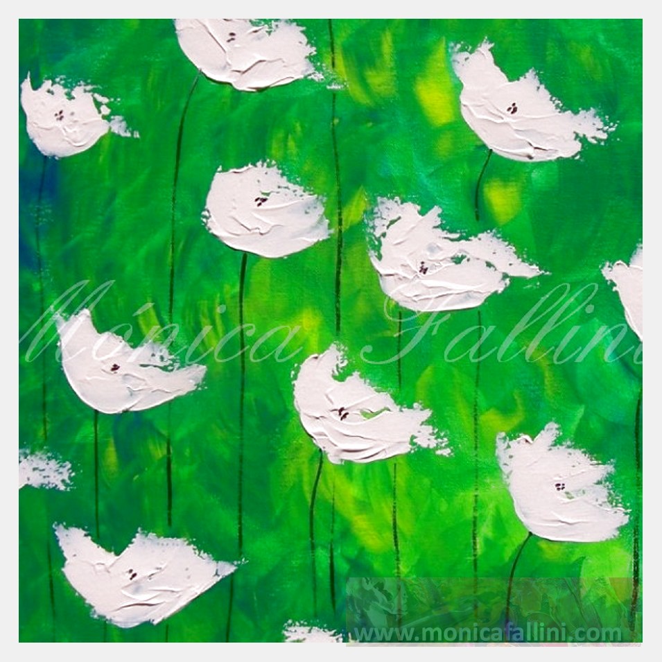 Painting titled 'Windy days, white Poppies on green' by Monica Fallini