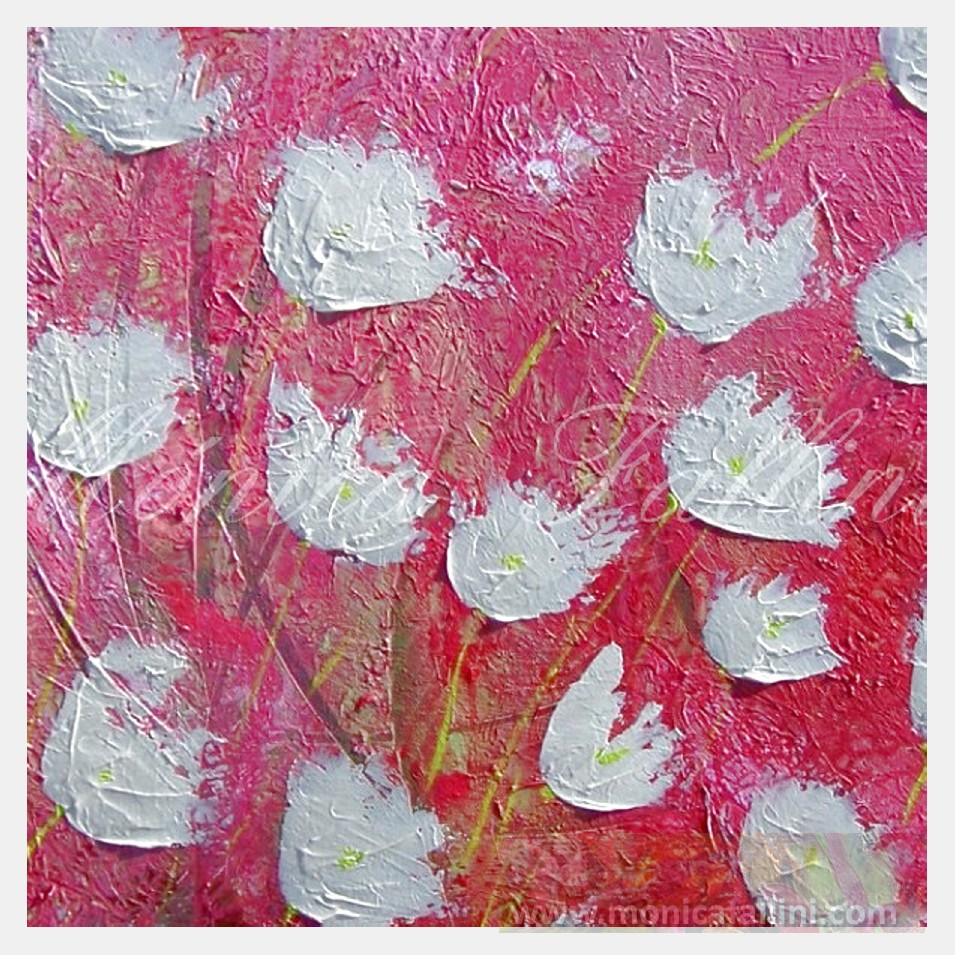 Painting titled 'White Poppies on pink' by Monica Fallini